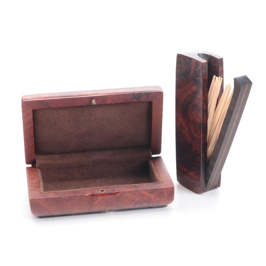 Burled Wood Wooden Box and Toothpick Holder, Mid to Late 20th Century