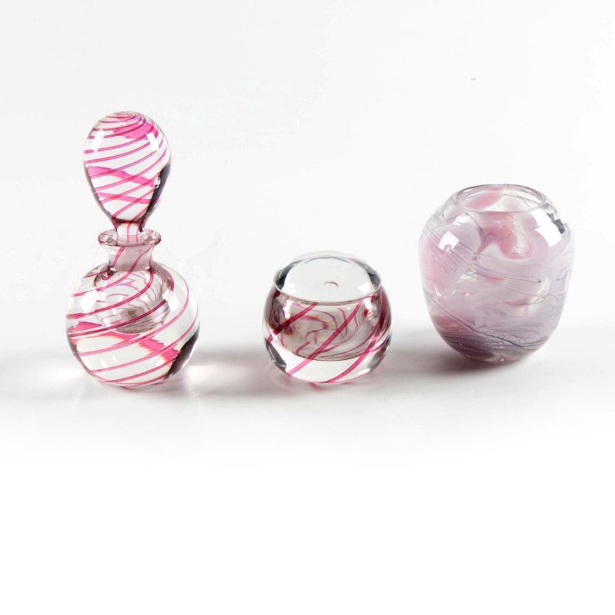 Irice Pink Swirled Crystal Perfume Bottle and Lidded Jar with Other Glass Vase