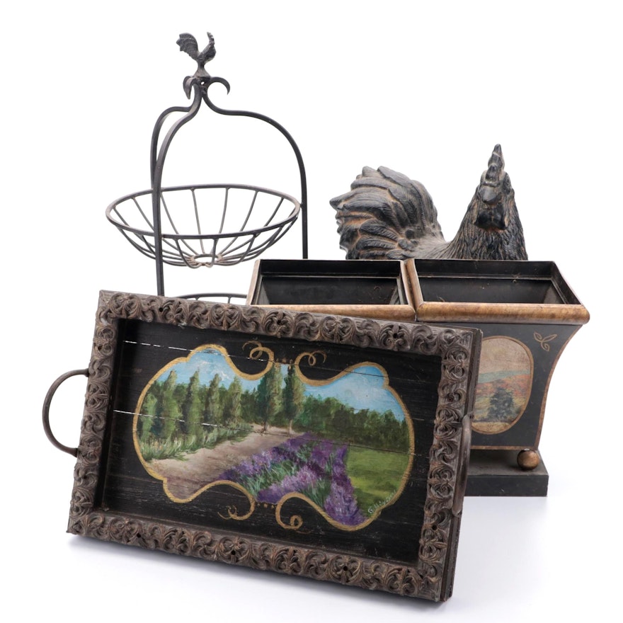 Landscape Motif Tray and Planters with Rooster Table Rack and Statue