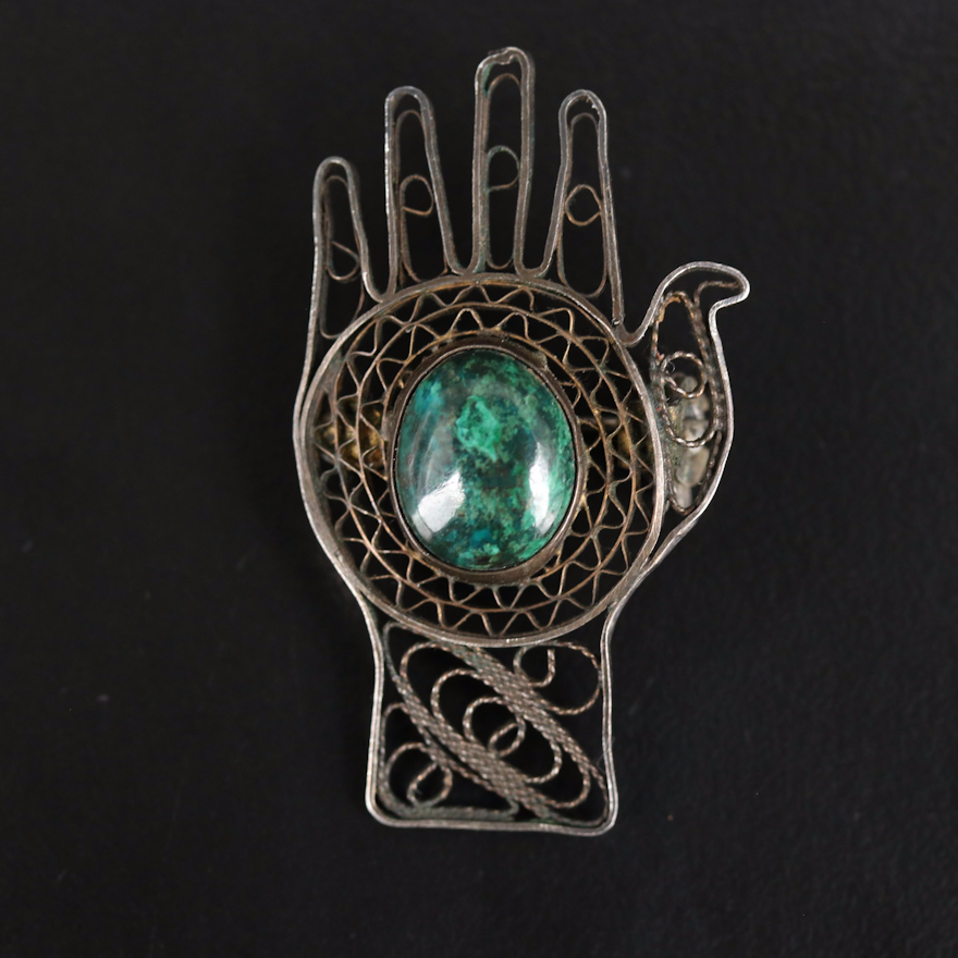 Israeli Sterling Eilat Stone Hamsa Filigree Brooch