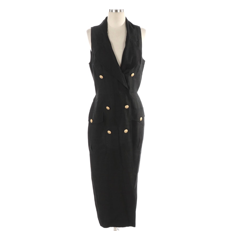 Oleg Cassini Black Silk Double-Breasted Sleeveless Dress