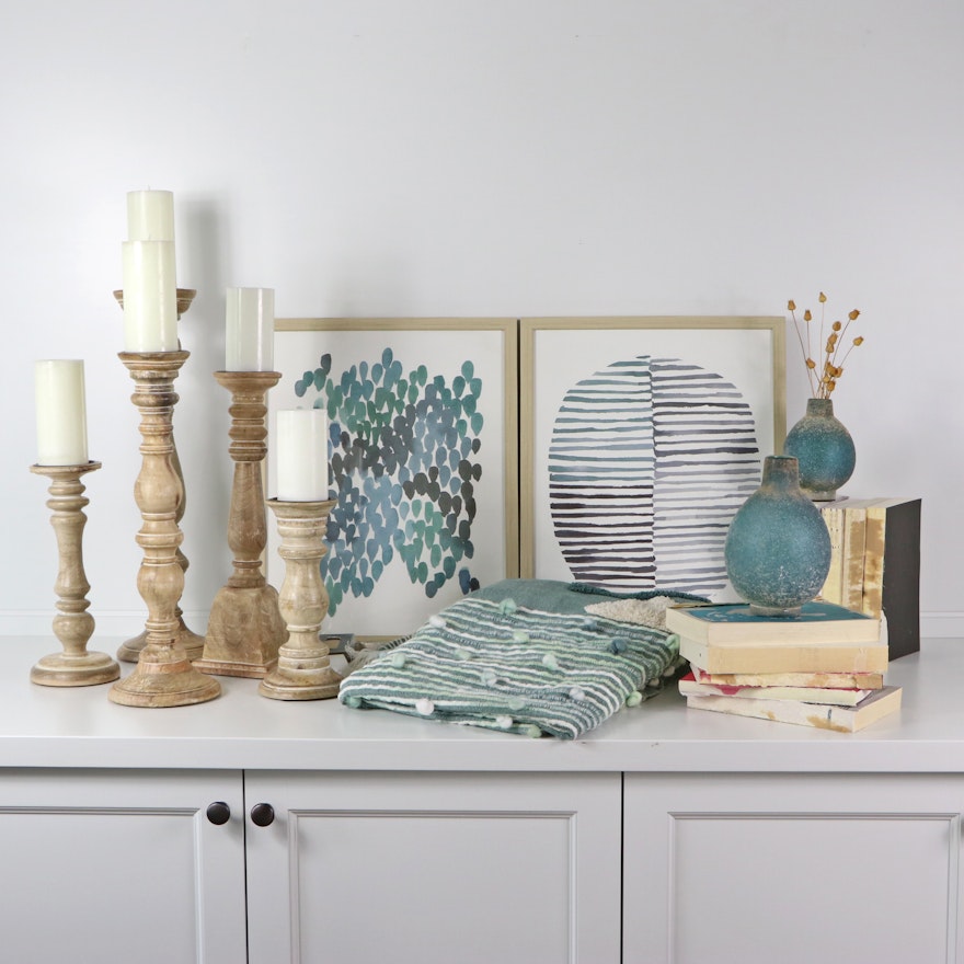 Tahari Throw Blanket, Turned Wooden Candle Holders, and Other Decor