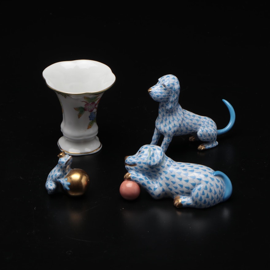 Herend Blue Fishnet "Puppy with Ball" with Other Dog Figurine and Vase