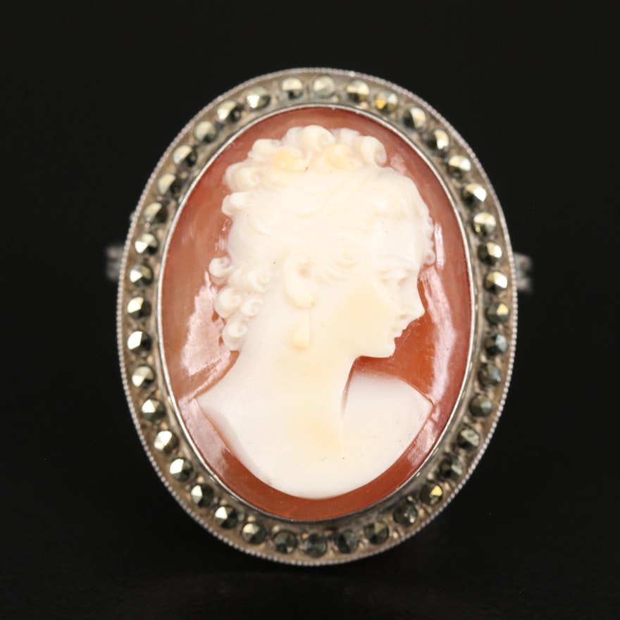 1930s Sterling Shell Cameo and Marcasite Converter Brooch