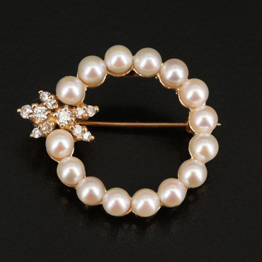 14K Pearl and Diamond Circle Brooch