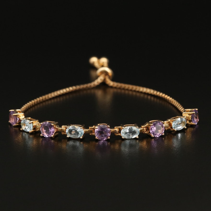 Sterling  Amethyst and Sky Blue Topaz Bolo Bracelet