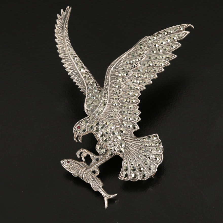 Sterling Glass and Marcasite Raptor with Fish Converter Brooch