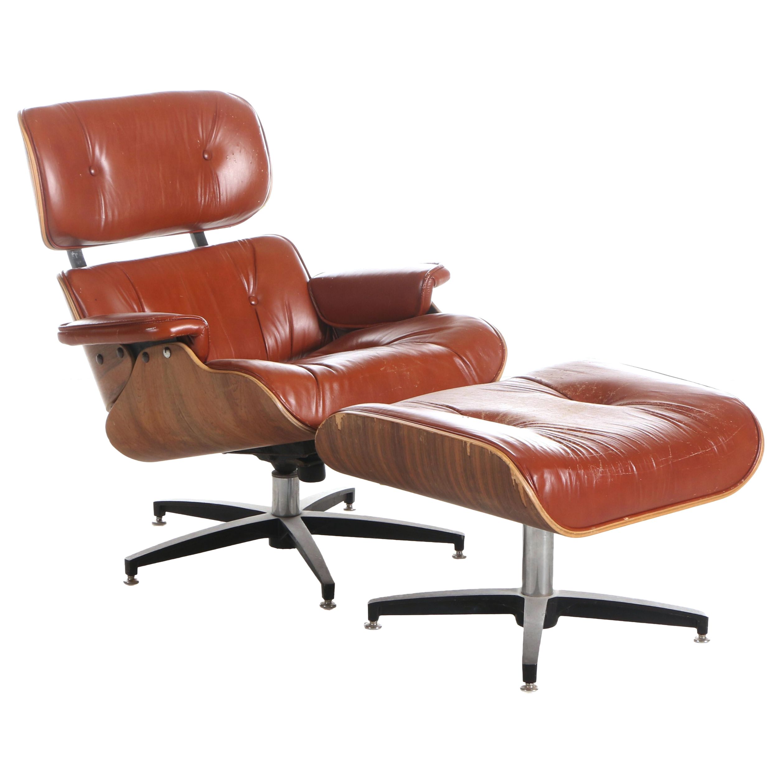 Charlton Company Mid Century Modern Walnut Eames Style Lounge Chair and Ottoman