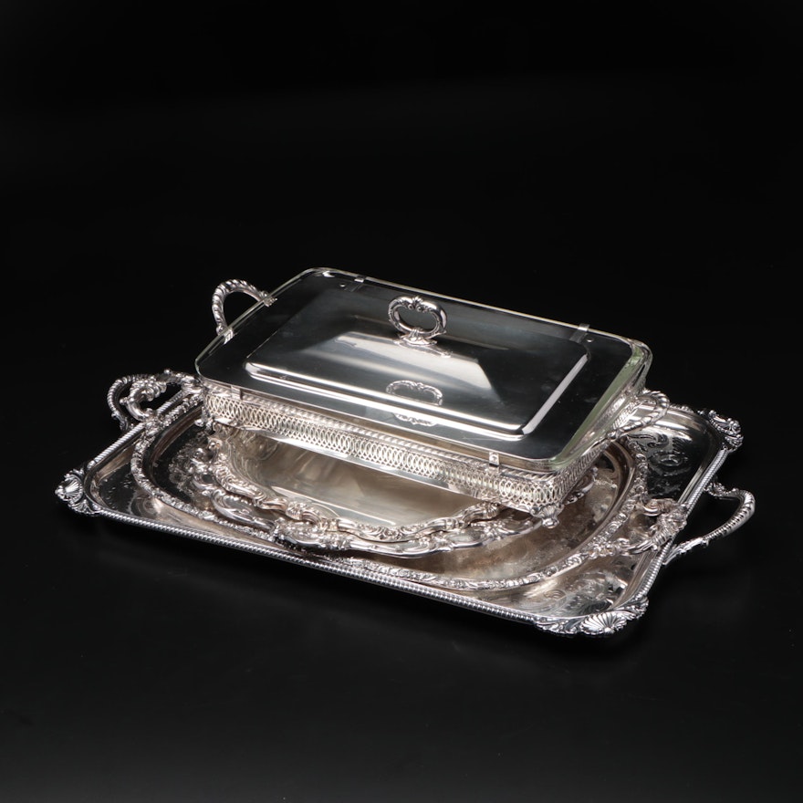 Silver Plate Chafing Dish and Trays,  Mid to Late 20th Century