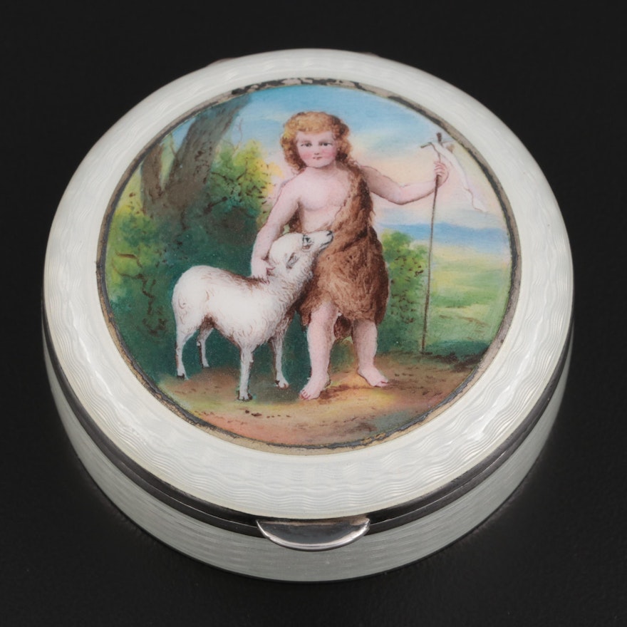 Austrian Guilloché Enamel Saint John the Baptist Sterling Silver Compact