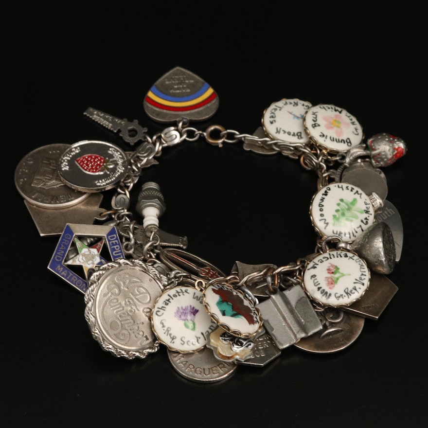 Vintage Charm Bracelet Featuring Sterling, Enamel and Glass Charms