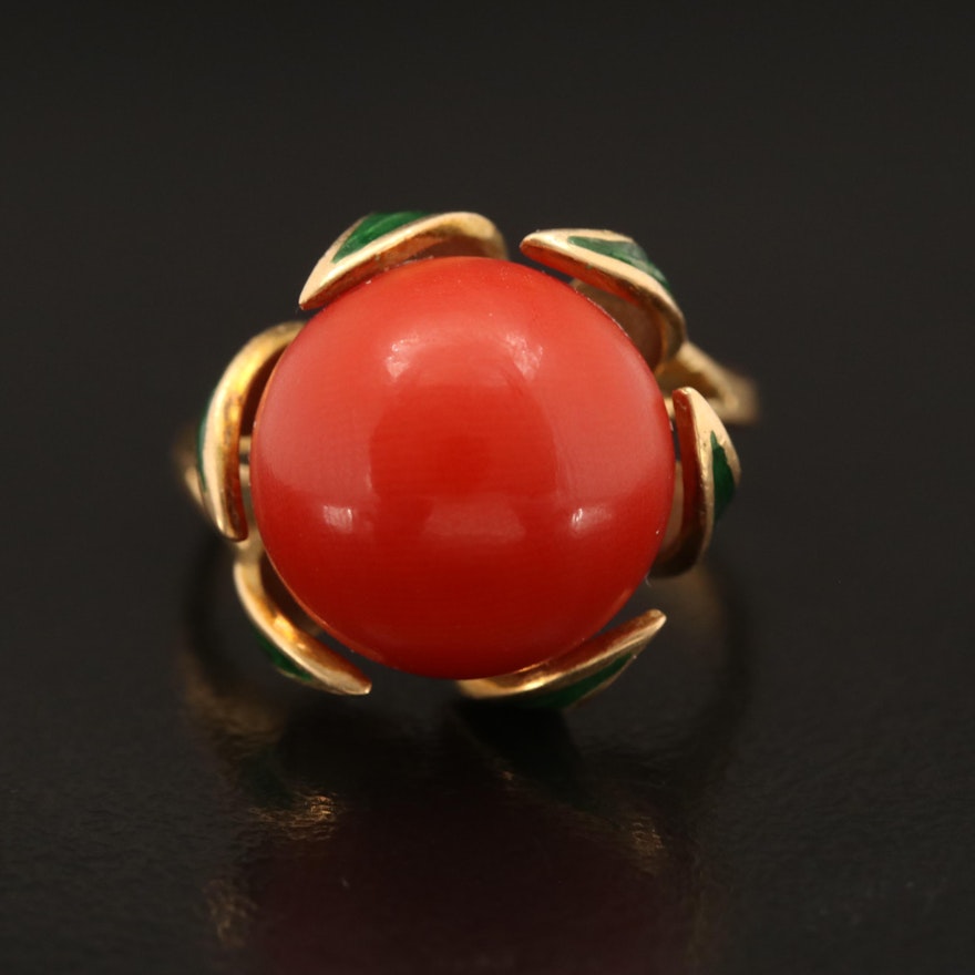 18K Coral and Enamel Ring