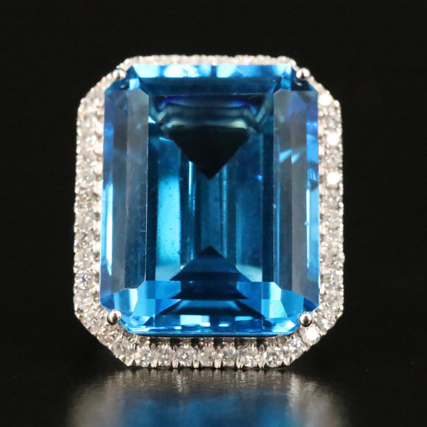 14K 36.63 CT Swiss Blue Topaz and Diamond Halo Ring