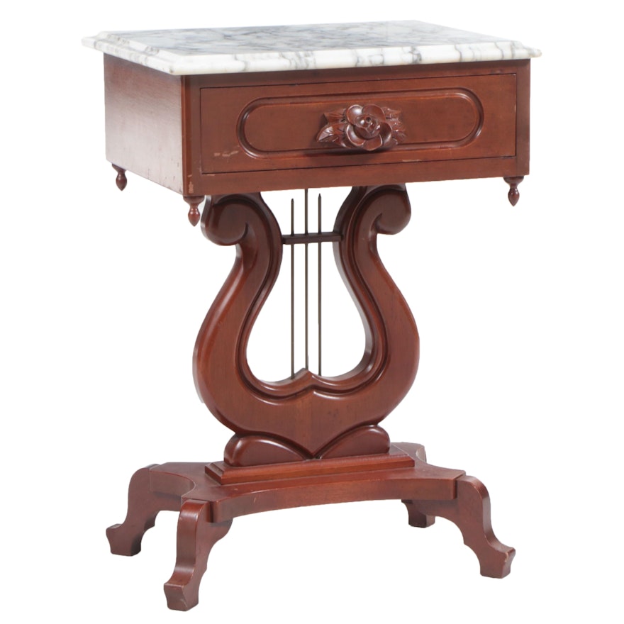 Victorian Style Mahogany Lyre-Base and Marble Top Side Table, Mid-20th Century