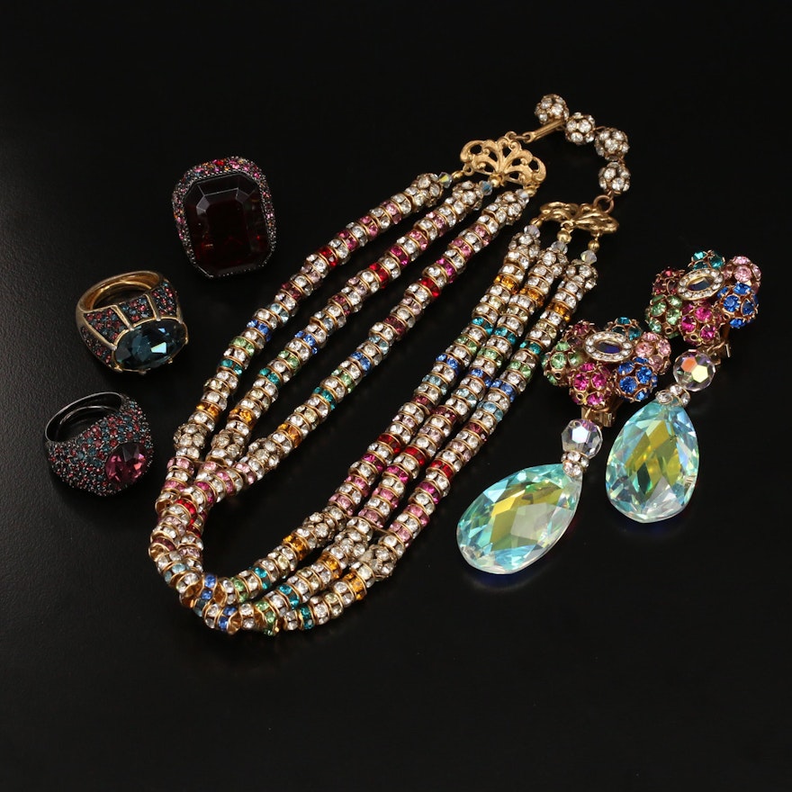 Kenneth Jay Lane Rhinestone Jewelry Including Rings, Necklace and Earrings