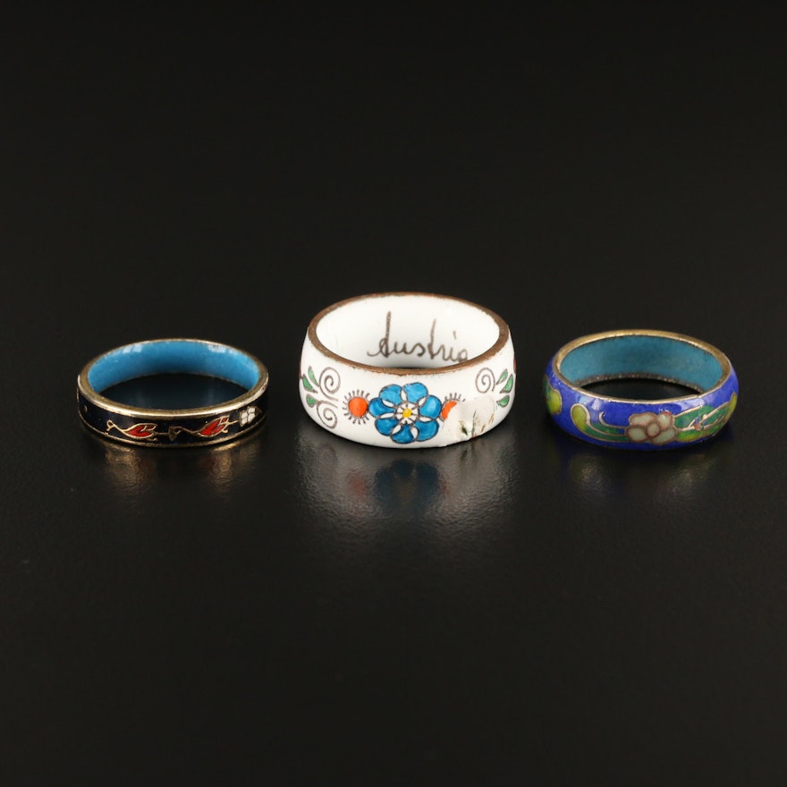 Cloisonné Ring Trio Featuring Floral Designs and Austrian Ring