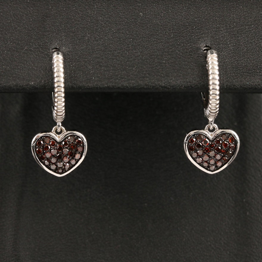 Sterling Silver Pavé Diamond Huggie Heart Drop Earrings