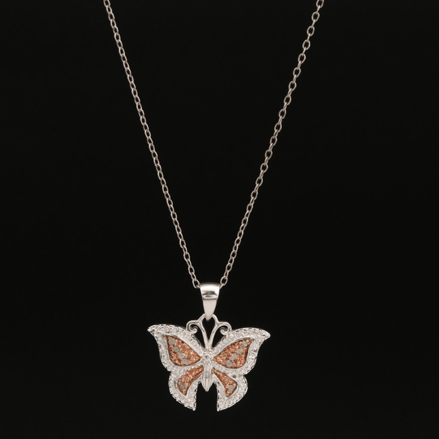 Sterling Diamond Butterfly Pendant Necklace