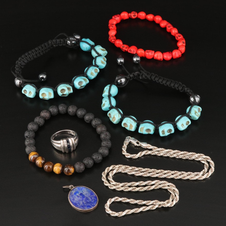 Gemstone Bracelets with Sterling Rope Chain, Ring and Cameo Pendant