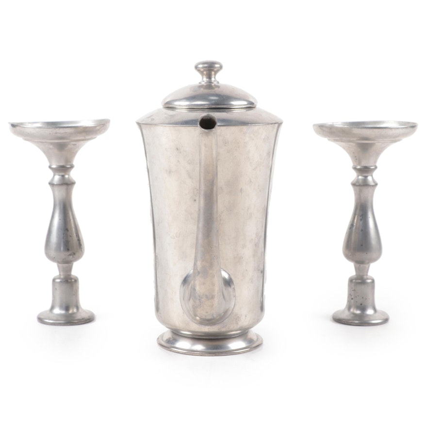 Royal Holland Pewter Candlesticks and Coffee Pot, Mid to Late 20th Century