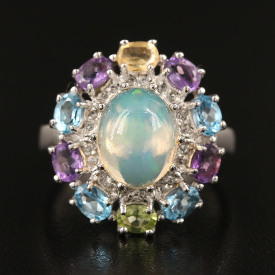 Sterling Silver Opal Ring Featuring Amethyst and Topaz