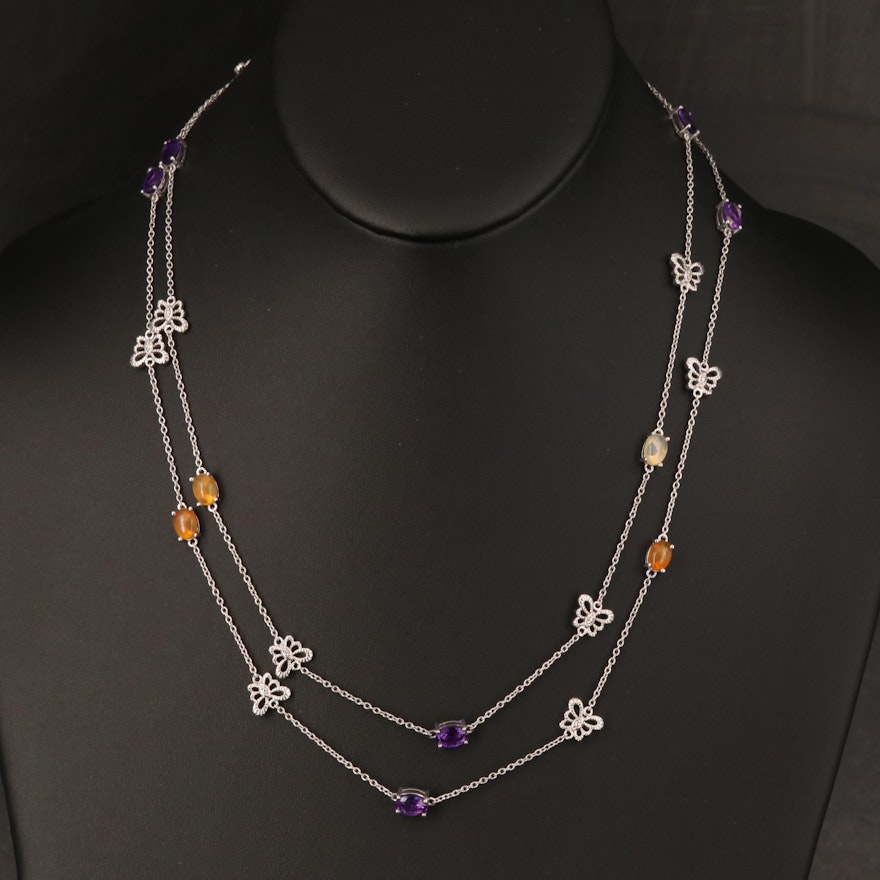 Sterling Opal, Amethyst and Diamond Station Necklace with Butterfly Accents
