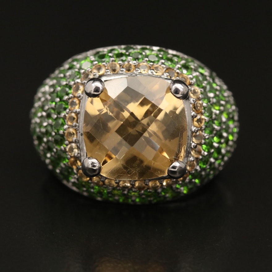 Sterling Silver Citrine and Pavé Diopside Bombé Ring