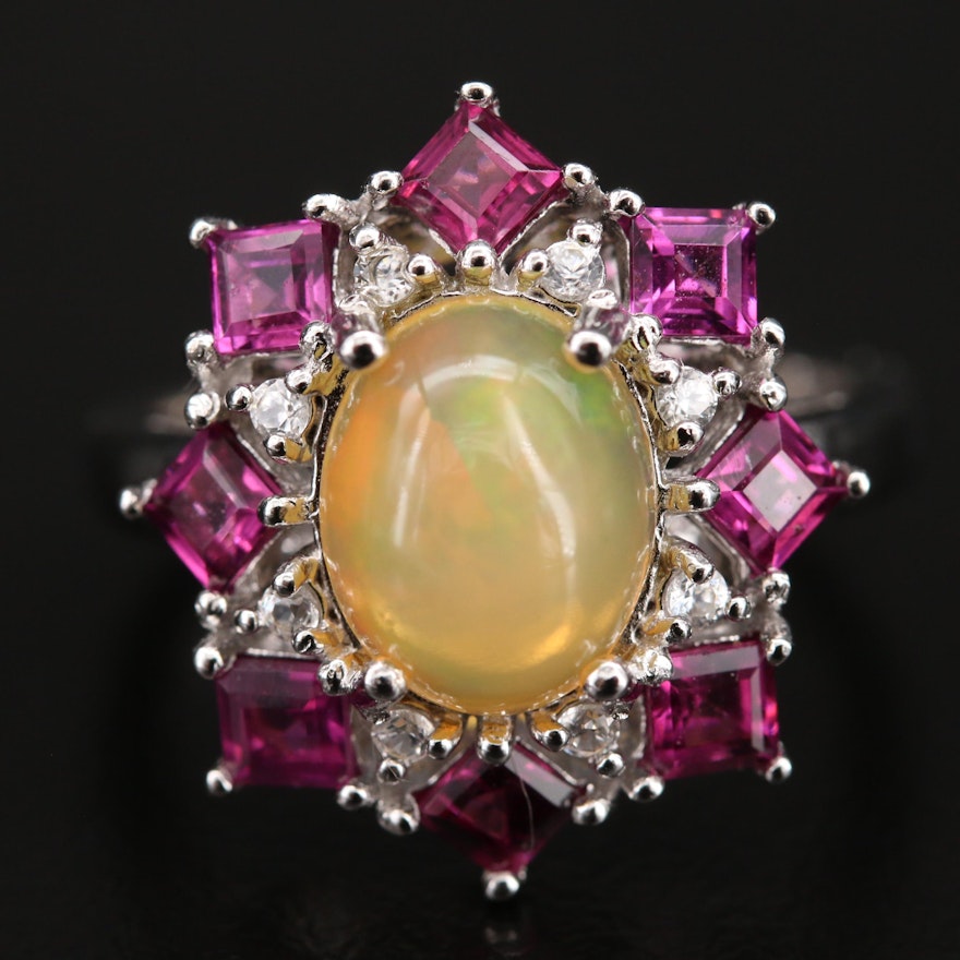 Sterling Opal, Garnet and Gemstone Ring