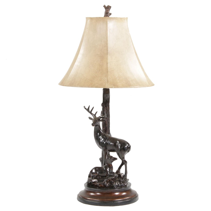Western Theme Lamp with Bronzed Deer and Fawn Figurine Base