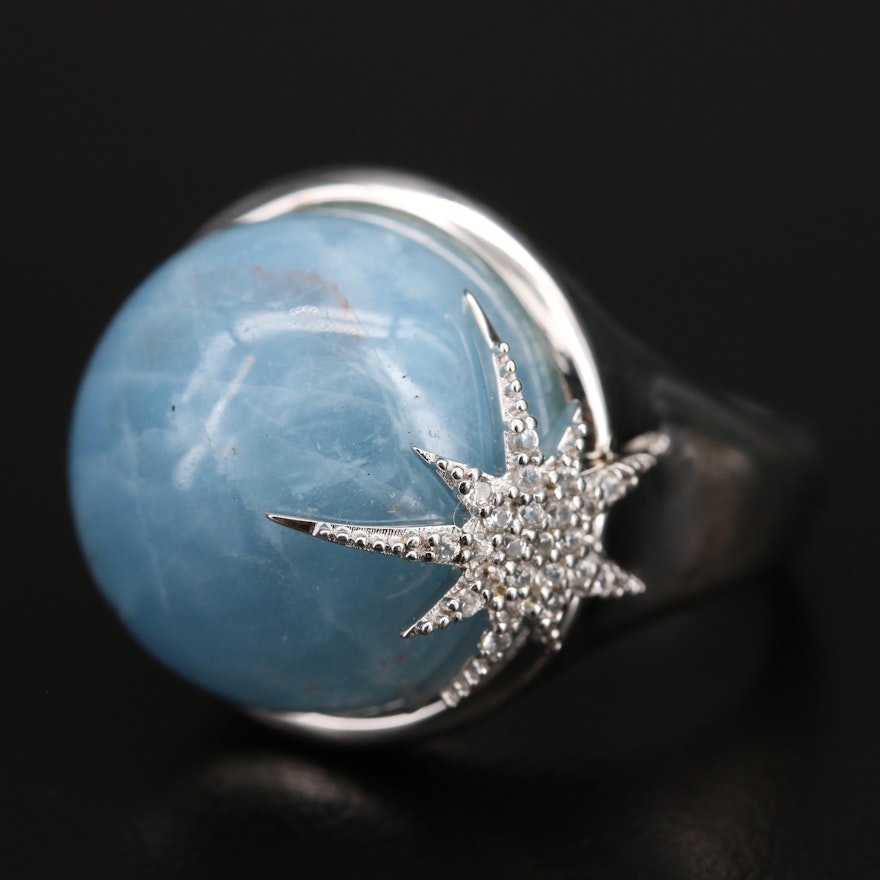 Eva LaRue Sterling Silver Aquamarine and Diamond Starburst Ring