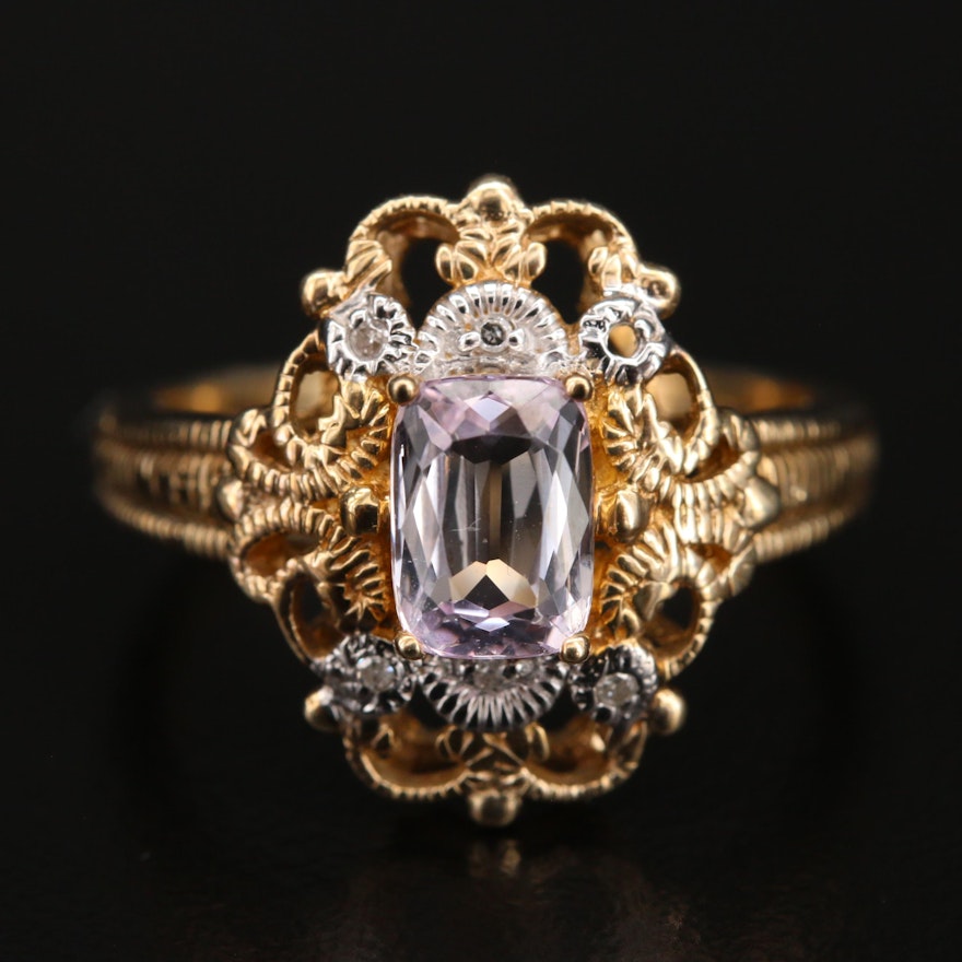 Vintage Style 10K Kunzite and Diamond Openwork Ring