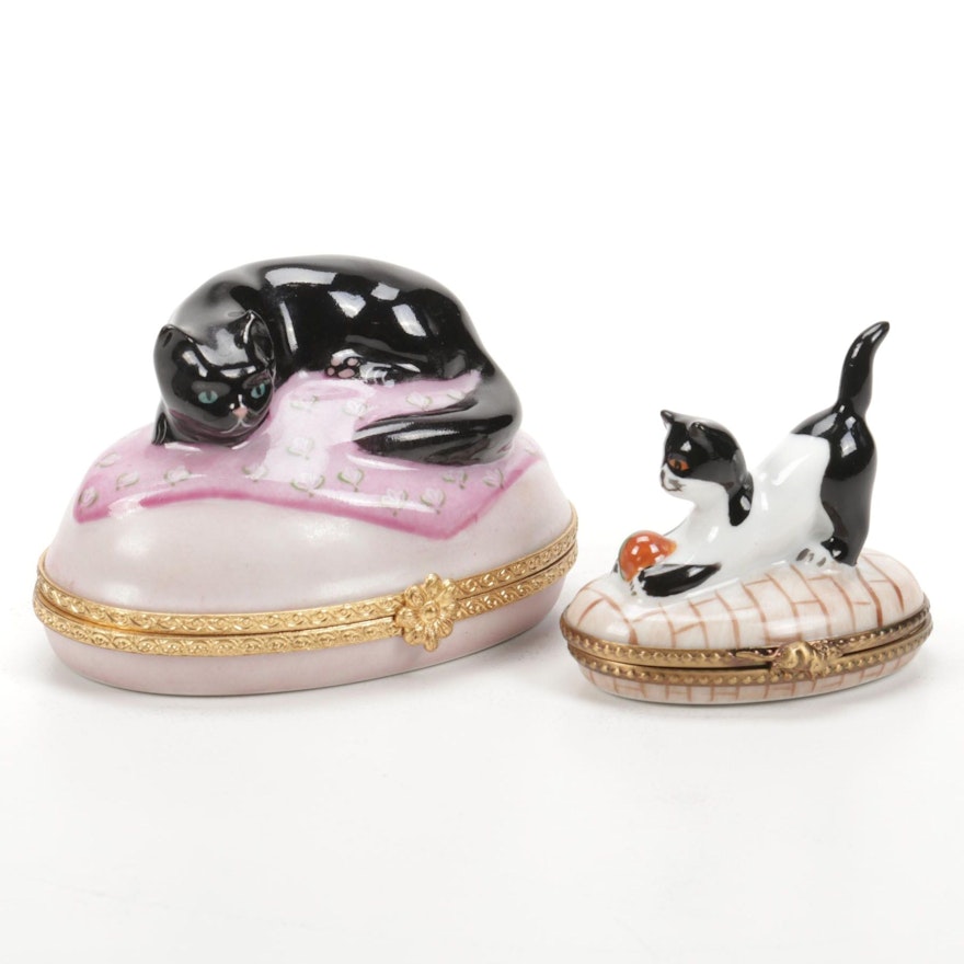 Hand-Painted Cat Form Limoges Porcelain Boxes