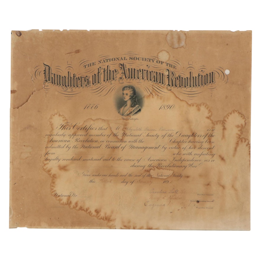 National Society of the Daughters of the American Revolution Certificate, 1892