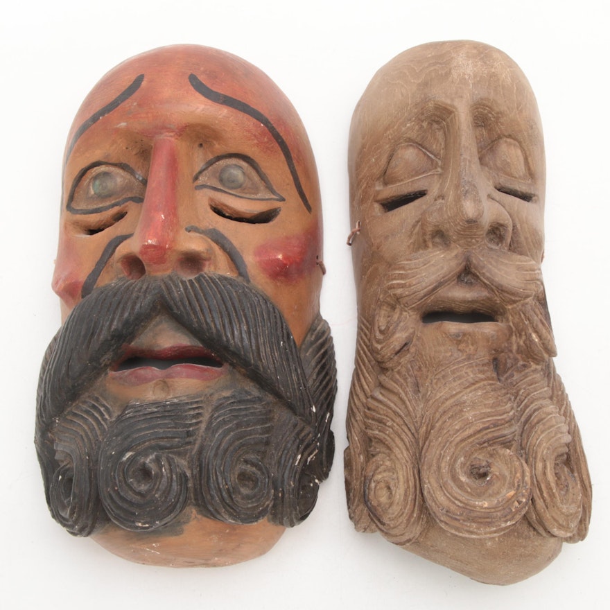 Mexican Carved Wood Masks of Bearded Men