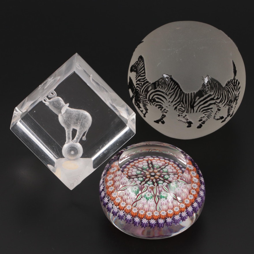 Correia Art Glass Zebra Paperweight with Millefiori Glass and Resin Paperweights