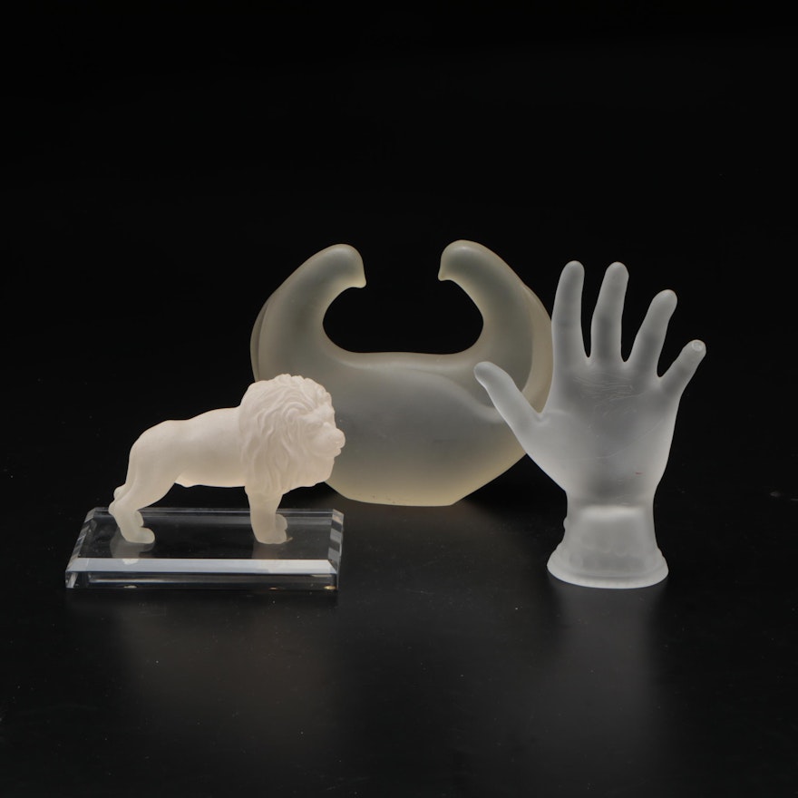 Lion, Hand, and Lovebirds Frosted Glass Figurines