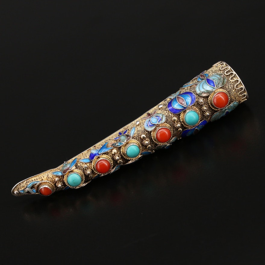 Antique Chinese Coral, Turquoise and Cloisonné Filigree Nail Guard Brooch