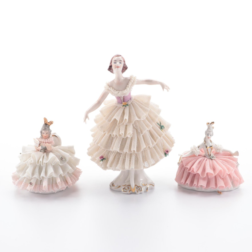 Dresden Ballerina and Other Dancer Porcelain Figurines with Lace Costumes