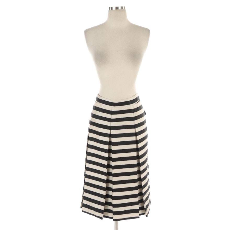 Halogen Box Pleated Black and White Striped A-Line Skirt