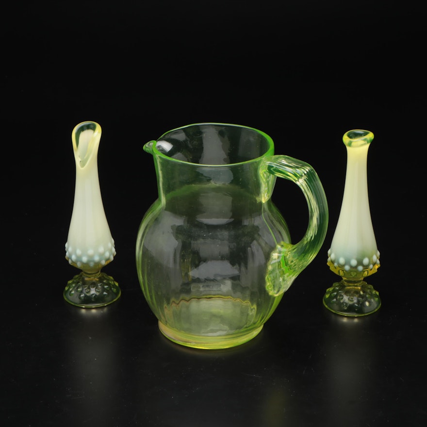 Blown Glass Opaque Vases With Matching Pitcher