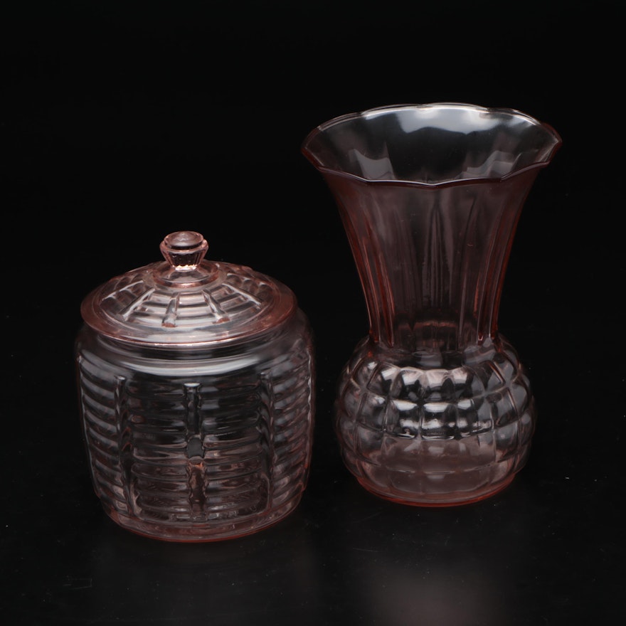 Pink Depression Glass Vase and Lidded Jar