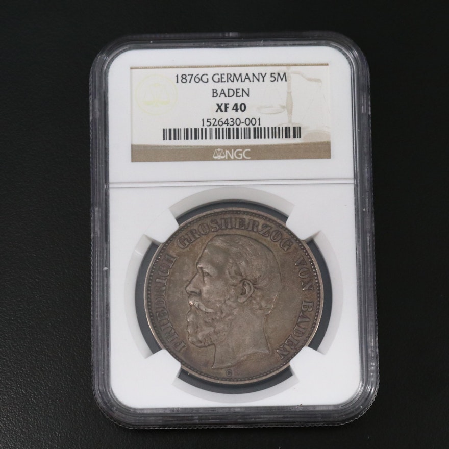 NGC Graded XF40 Baden, Germany 1876-G 5-Mark Coin, Rare Variety