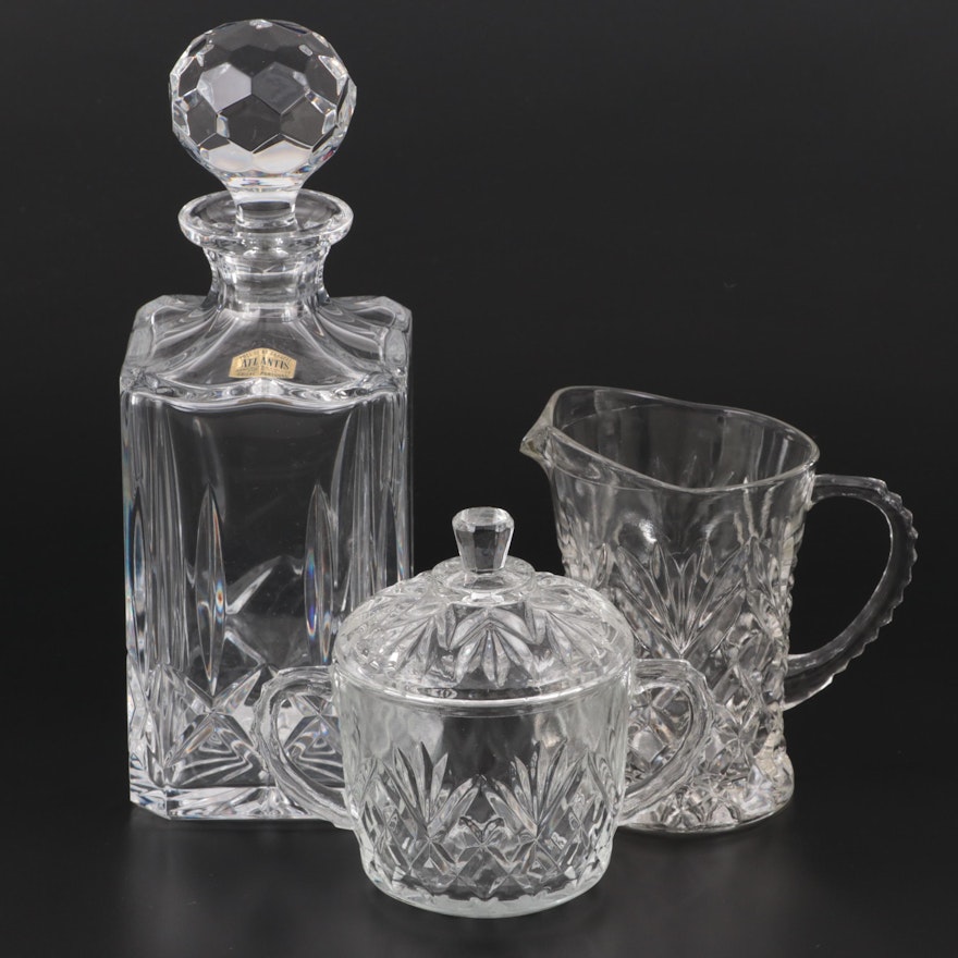 Block "Olympic" Crystal Decanter with Pressed Glass Creamer and Sugar