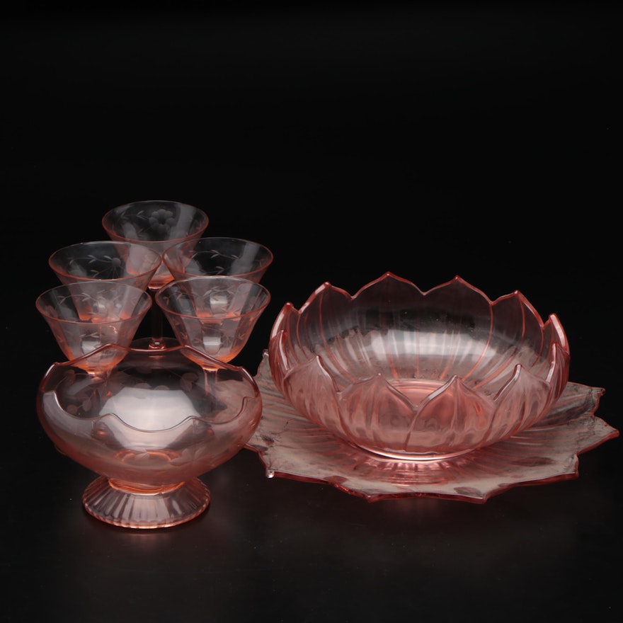Westmoreland "Lotus Pink" Punch Bowl and Other Pink Depression Glass Tableware