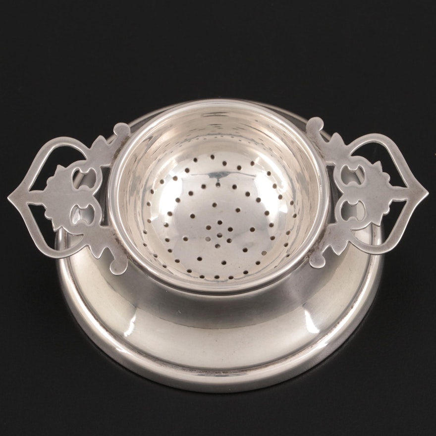 Lanson & Co. Sterling Silver Tea Strainer with Drip Cup, 1976