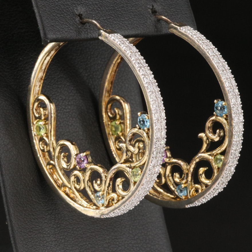 Sterling Silver Diamond and Gemstone Scrollwork Hoop Earrings