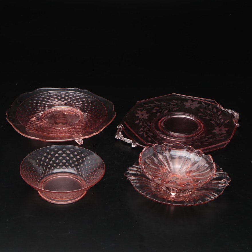Etched Glass Serving Platter and Other Pink Depression Glass Tableware