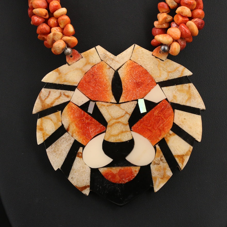 Beaded Coral and Resin Torsade Necklace with Lion Pendant