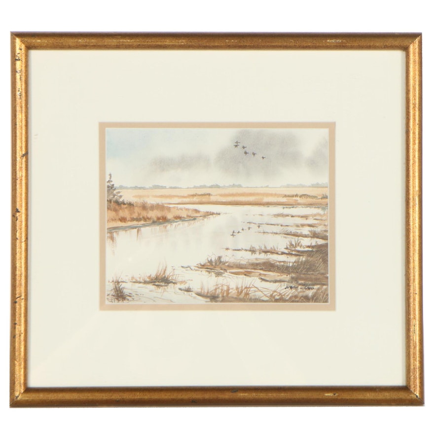 Jerry L. Gadd Landscape Watercolor Painting of Natural Marsh, Late 20th Century