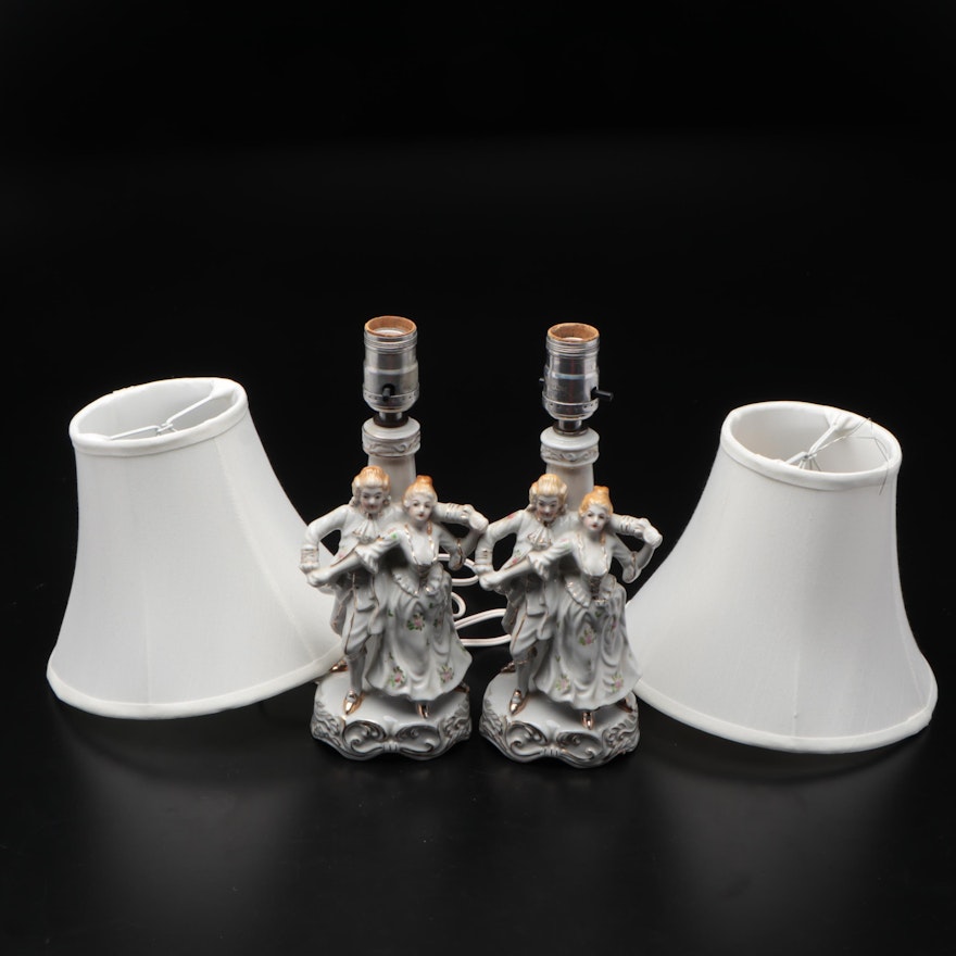 Pair of Ceramic Dancing Couples Figural Boudoir Lamps, Mid to Late 20th Century